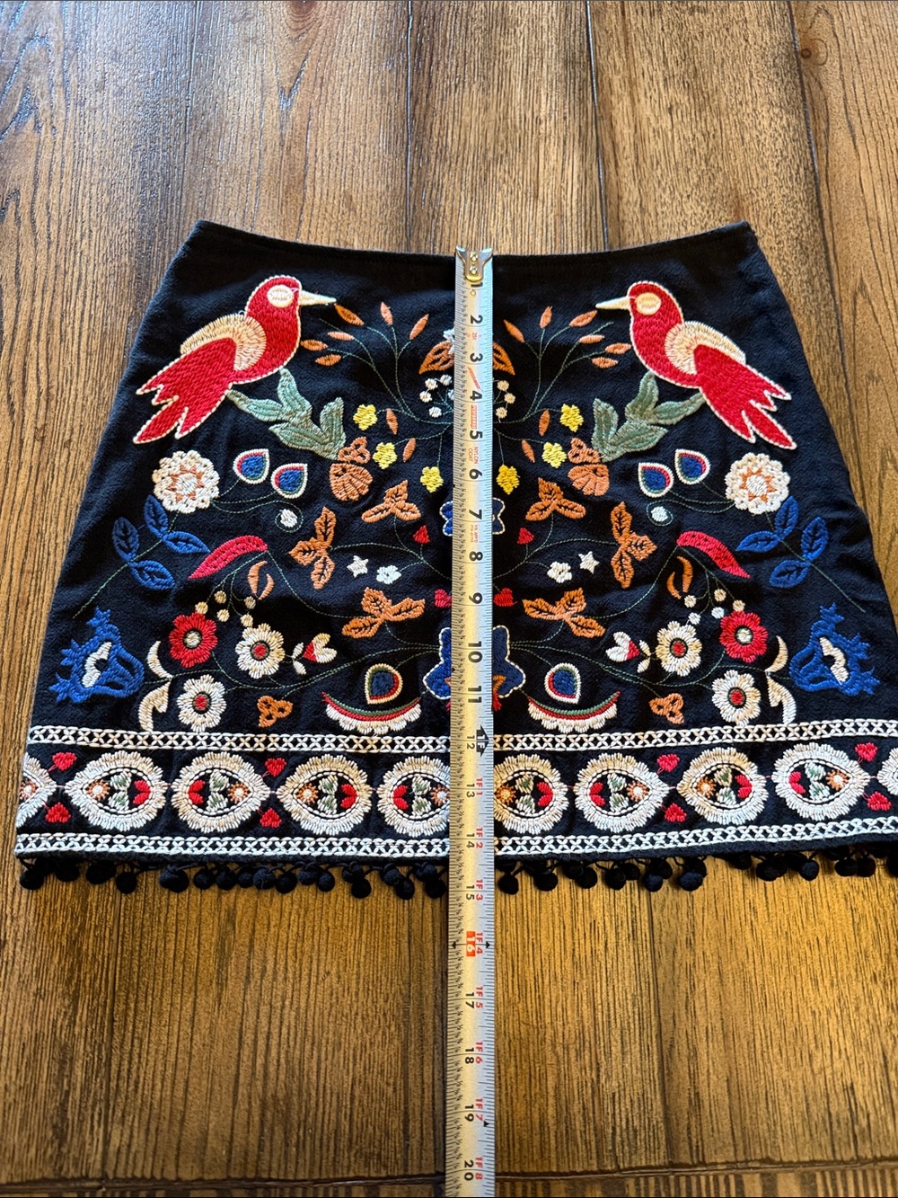 Altar'd State Black Boho Mini Skirt with Birds & Multicolor Floral Embroidery - Picture 5 of 9